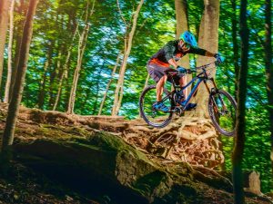 Homme faisant une descente de vtt dans la forêt